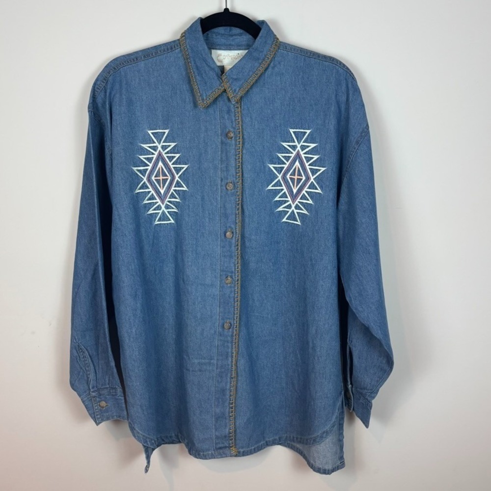 Vintage Contrepoint 90's Embroidered Denim Southwestern Button up Shirt SZ Small